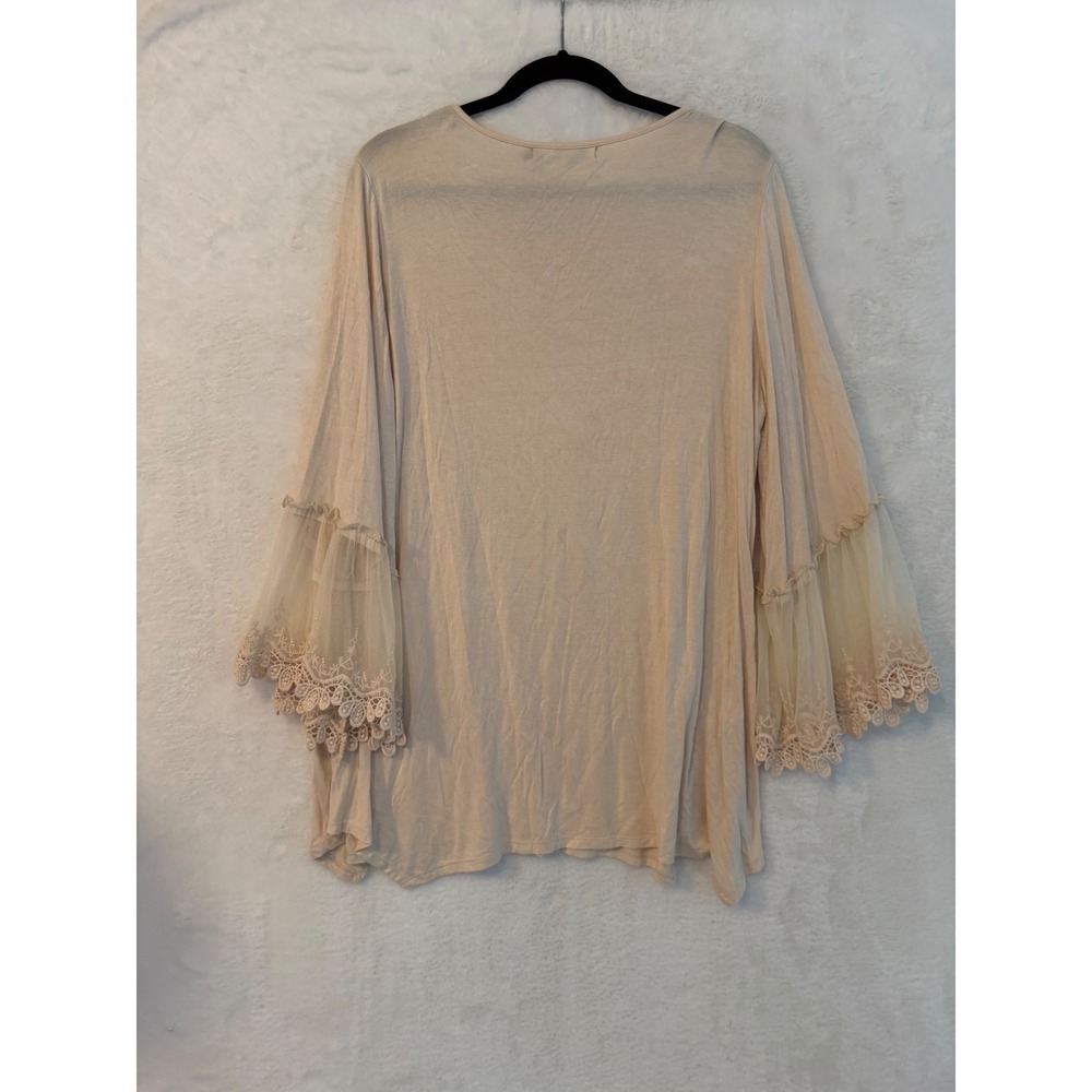 Origami by Vivien Beige Lace Bell Sleeve Top XL Boho Mesh Detail OLS-4480 - Picture 6 of 8